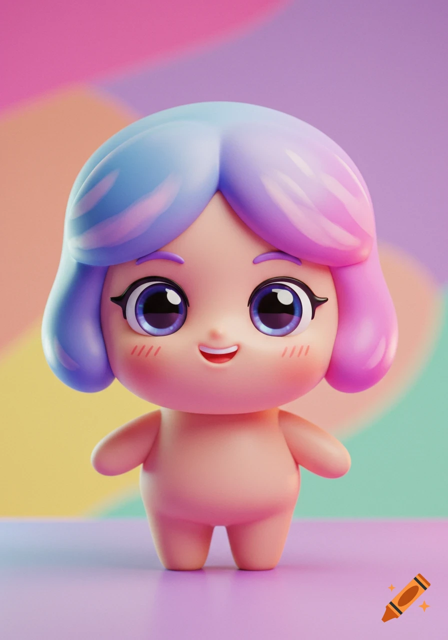 A cute 3D chibi character with blue and pink hair on a colorful background.