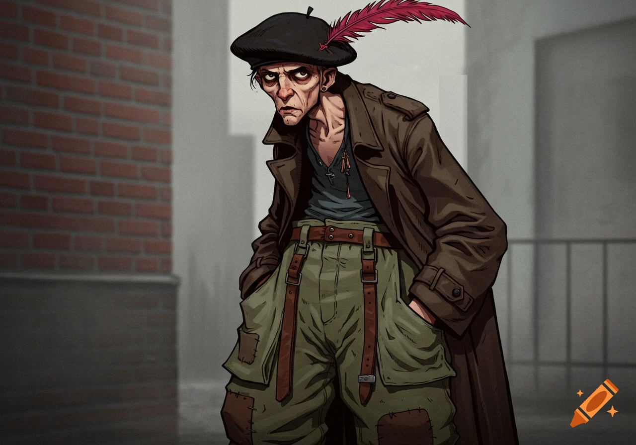 A stylized illustration of a scrawny person in a beret with a feather, trench coat, and baggy pants.
