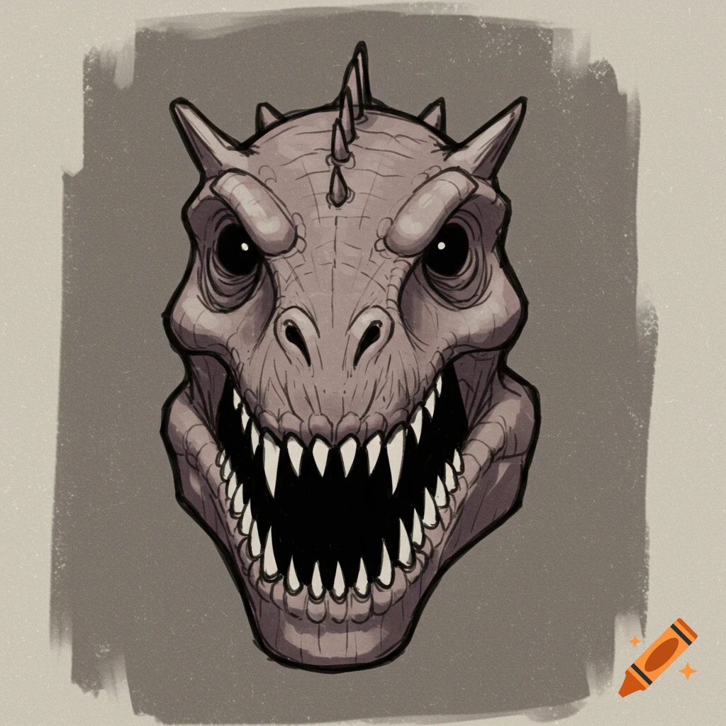 Illustration of a scary dinosaur head with large teeth.