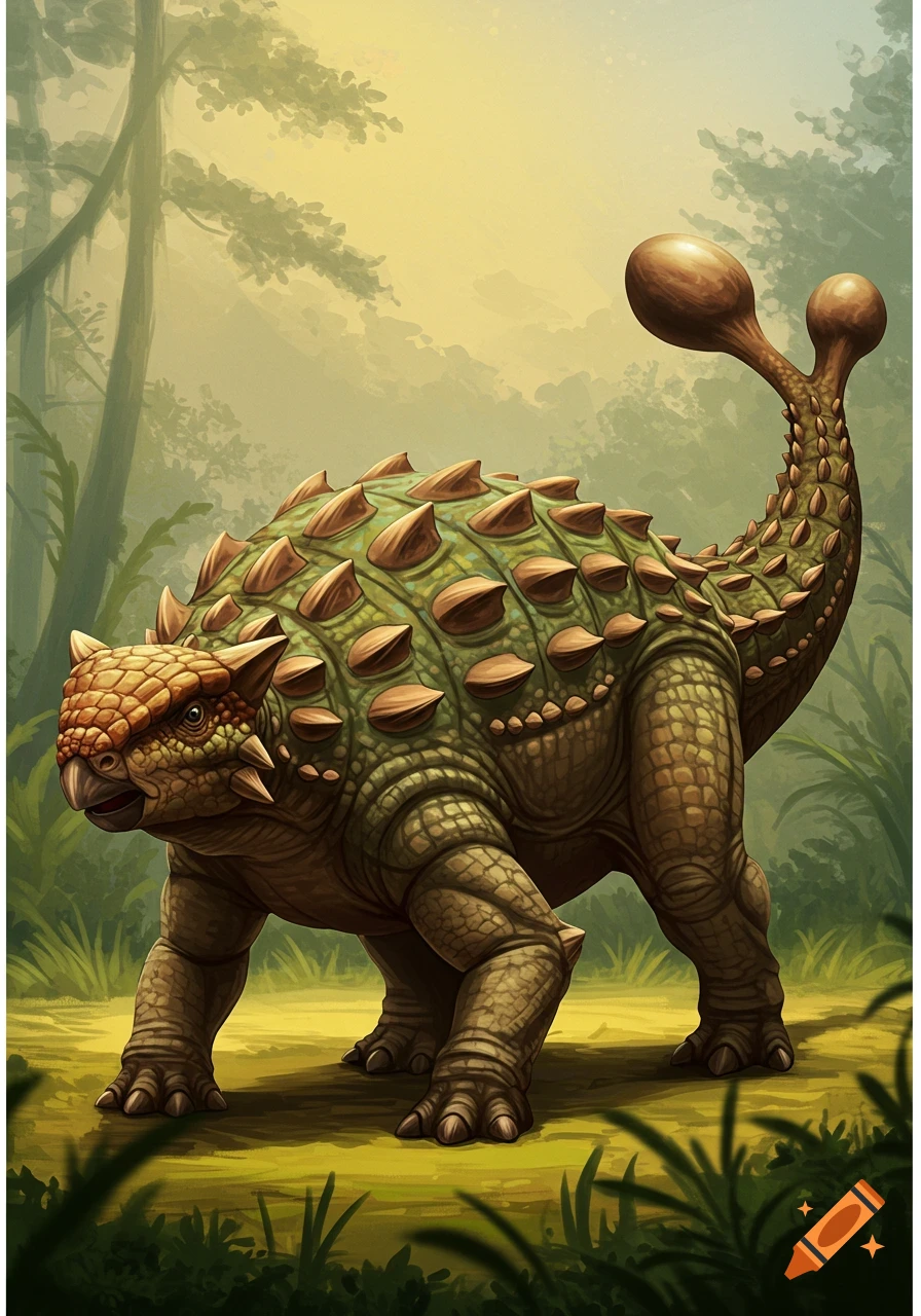 An Ankylosaurus walking in a forest clearing.