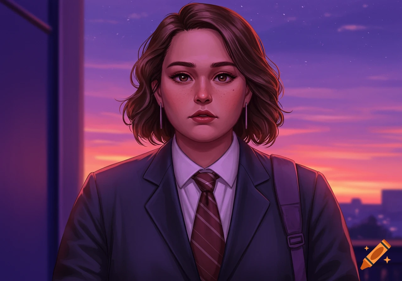 Portrait of a woman in a suit against a vibrant purple and orange sunset sky.