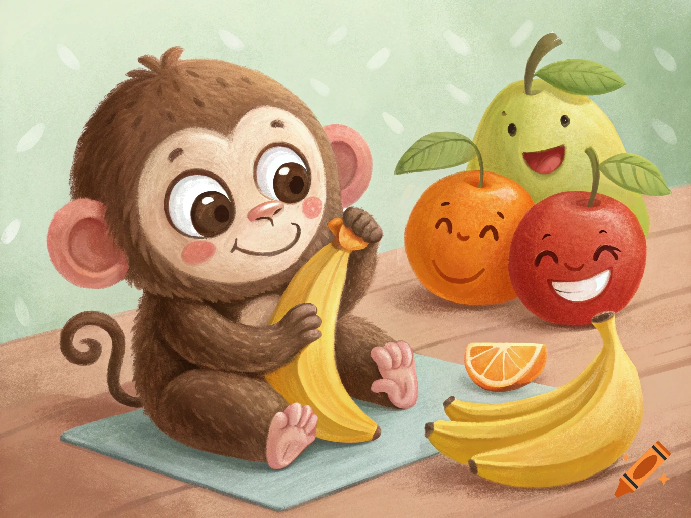 Cute cartoon monkey holds a banana with smiling fruit nearby, children's illustration style.