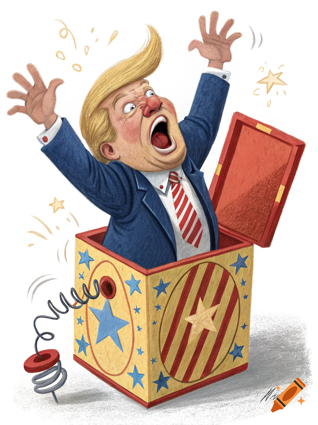 Caricature illustration of Donald Trump popping out of a jack-in-the-box toy.