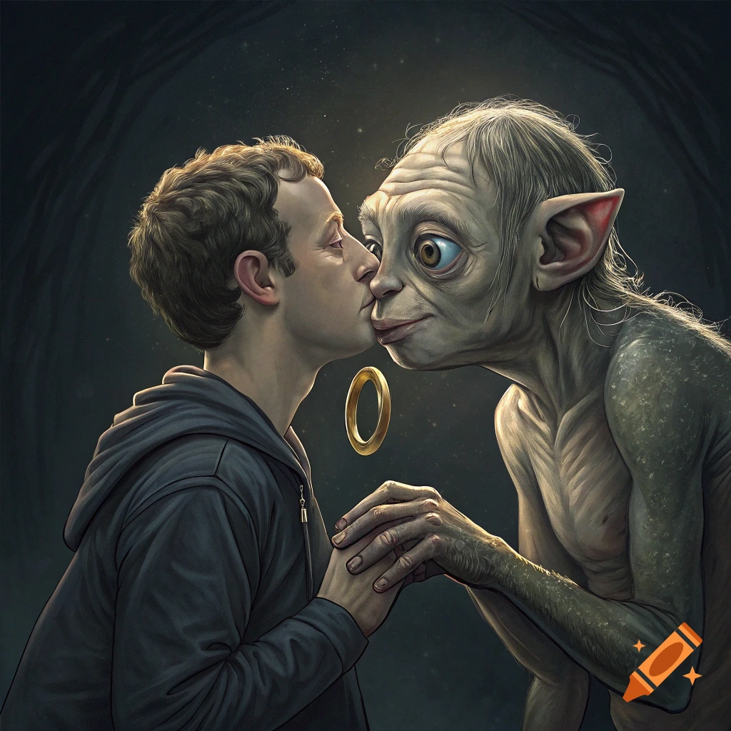 Illustration of Mark Zuckerberg kissing Gollum while holding a golden ring.