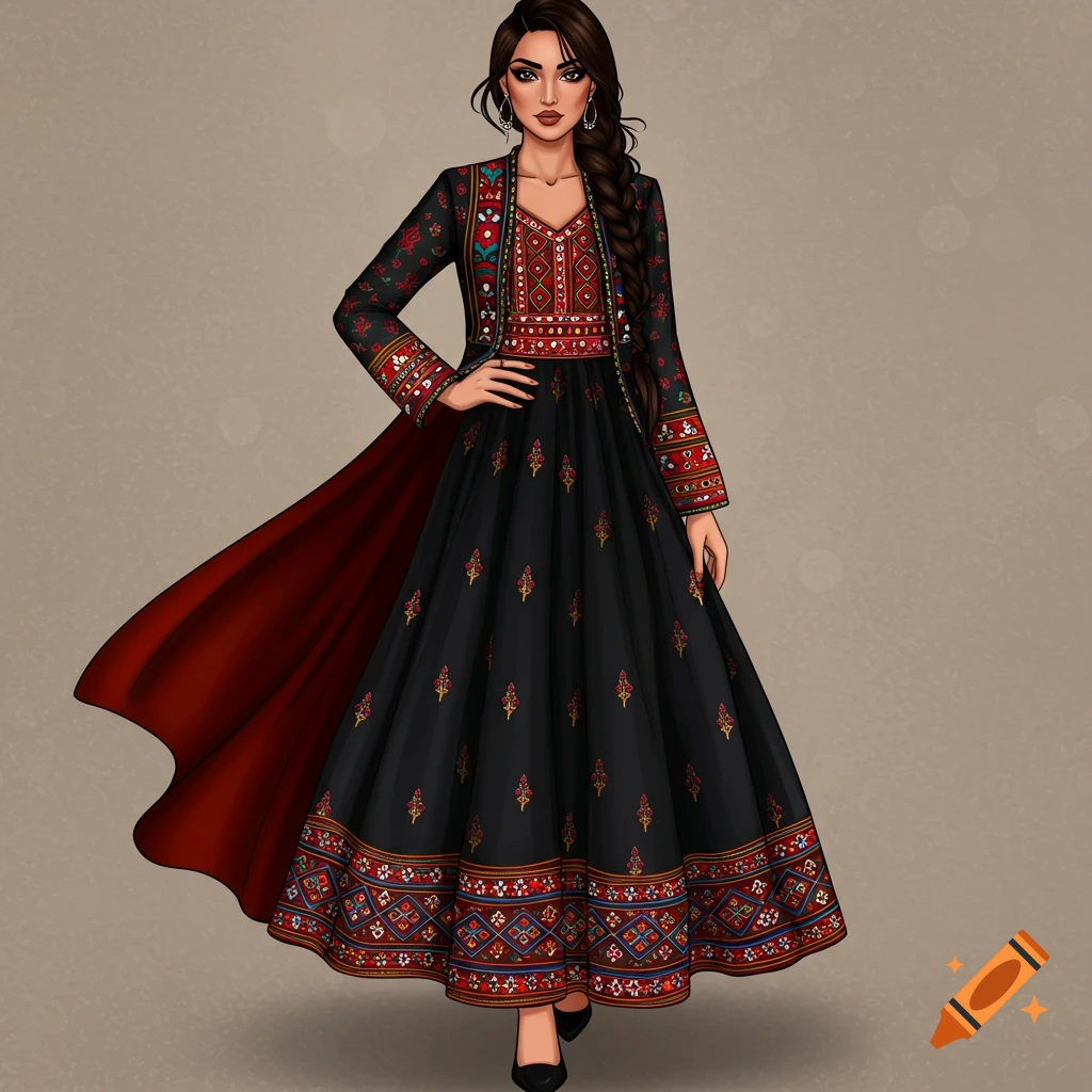 A woman wearing an elaborate black and red Afghan dress with embroidery.