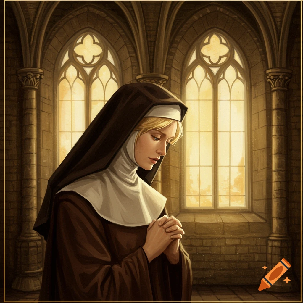 A blonde nun is depicted praying in a sunlit church window.