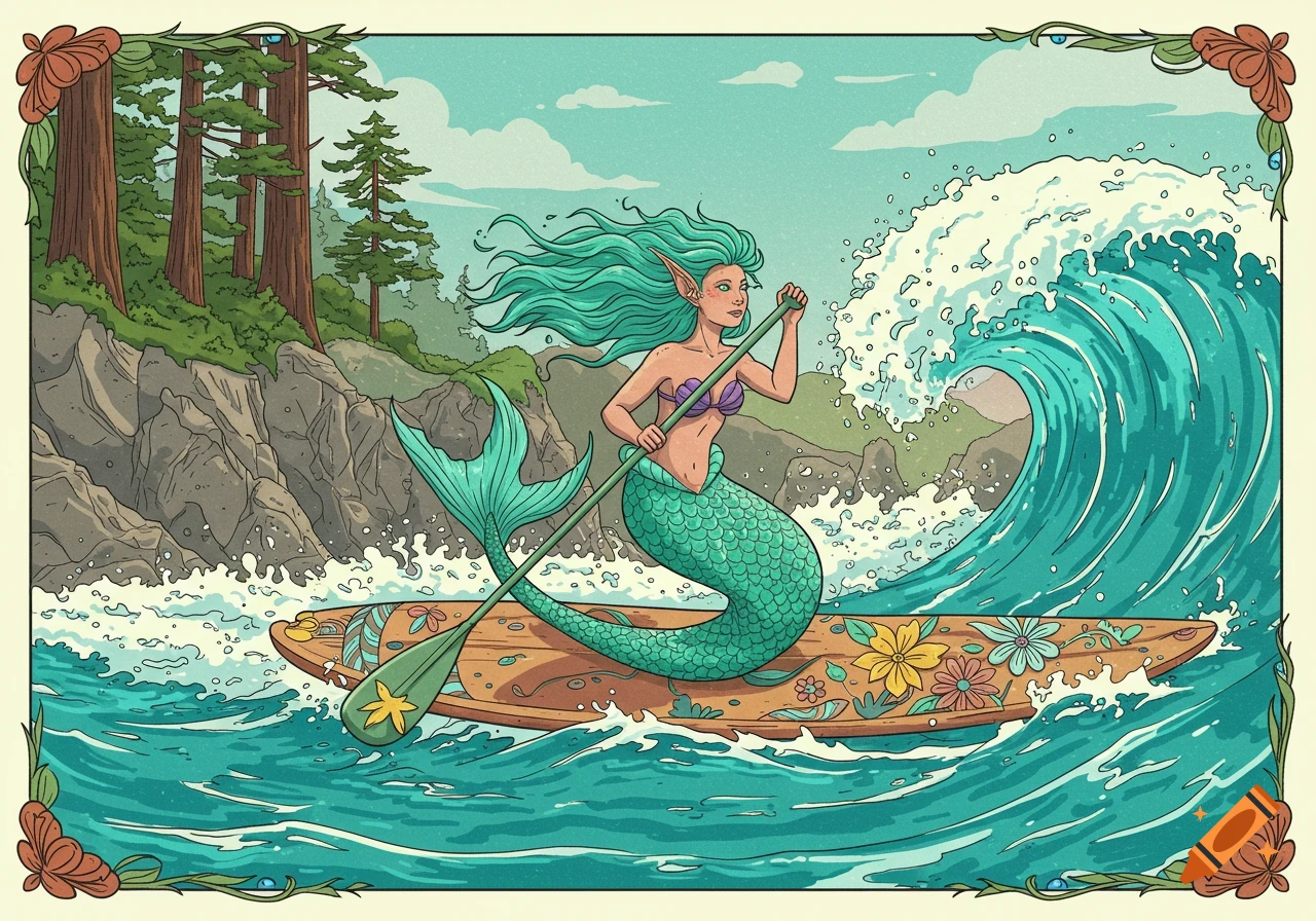 A mermaid on a paddleboard rides a wave near a rocky coast with trees.