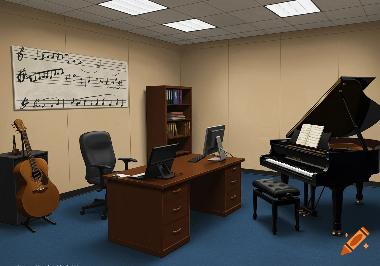 A music professor's office with a grand piano, desk, and guitar.