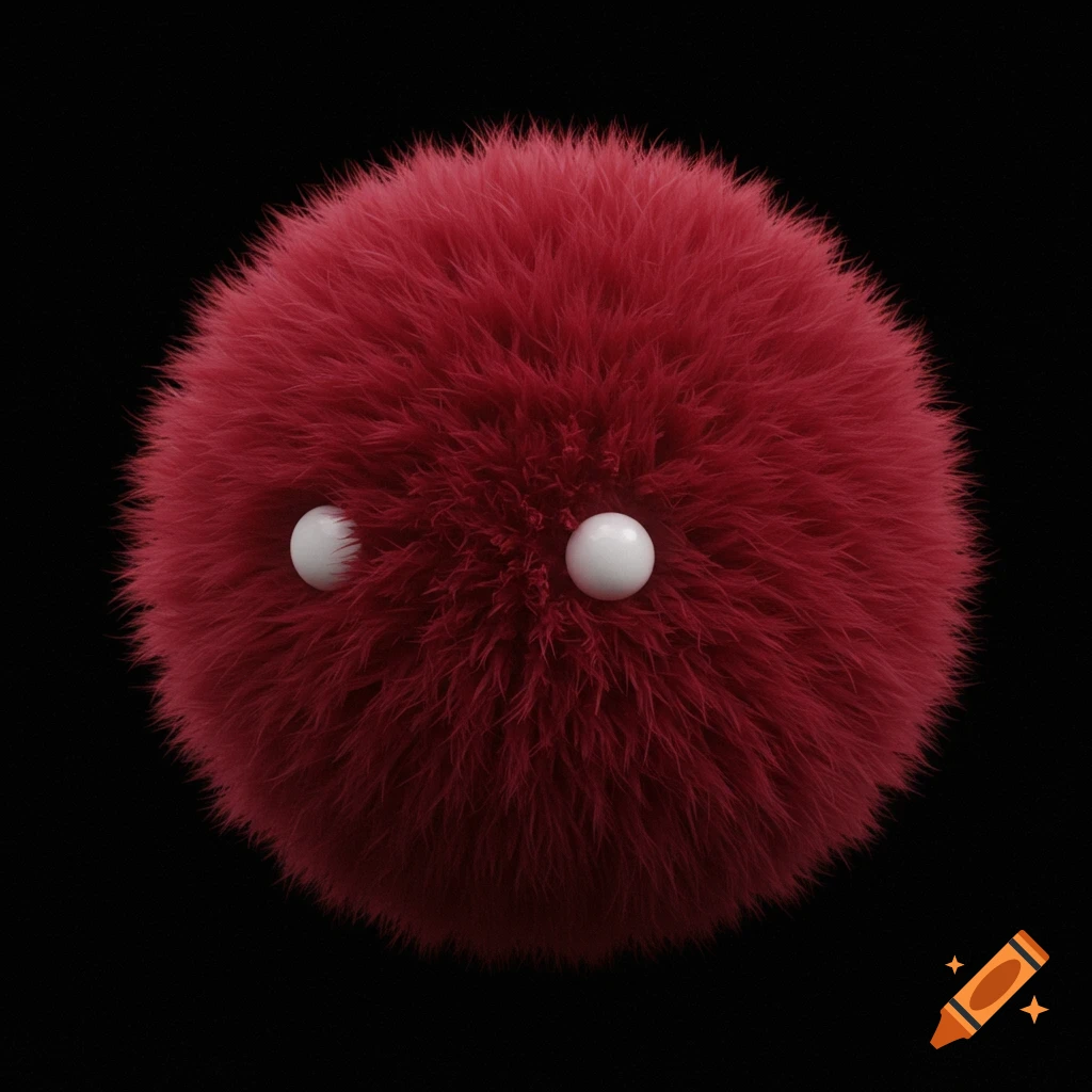 A dark red fluffy creature with two white eyes on a black background.