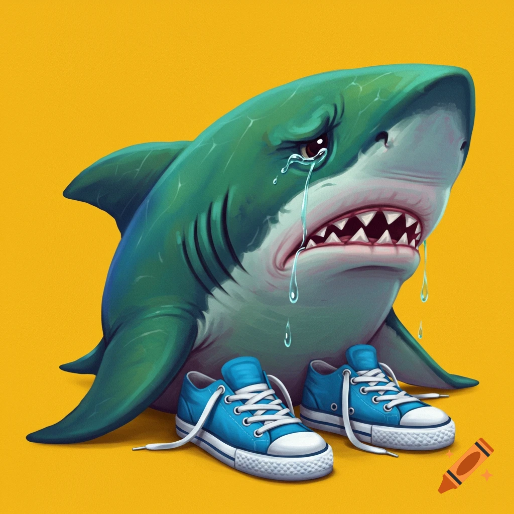 A cartoon shark crying and wearing blue sneakers.