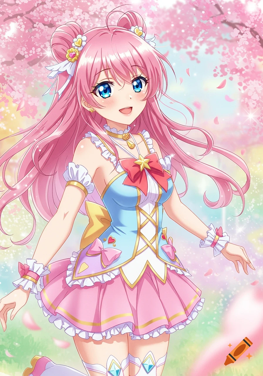 Anime girl with pink hair in a colorful dress standing among cherry blossoms.