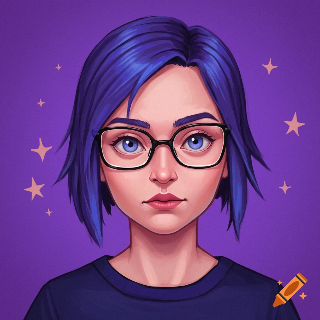 A stylized image of a person with blue hair and glasses on a purple starry background.