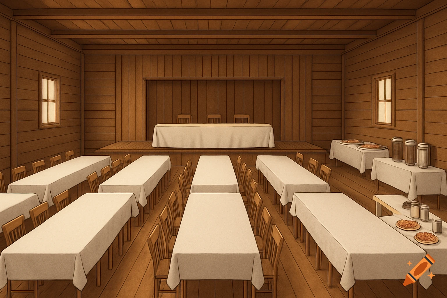 A wooden hall with rows of tables, a stage, and side tables with food.