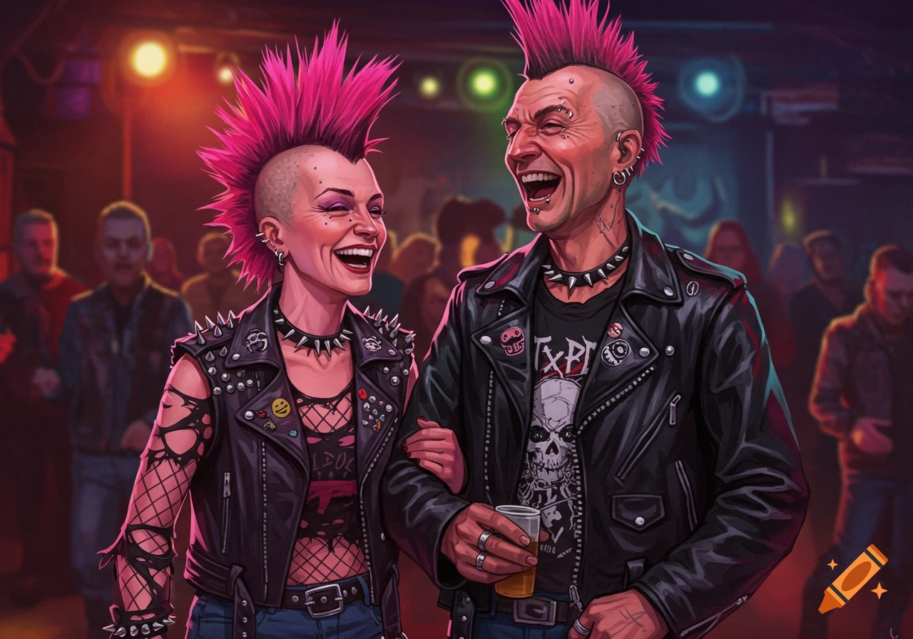 A smiling punk couple with pink mohawks in leather jackets at a concert.