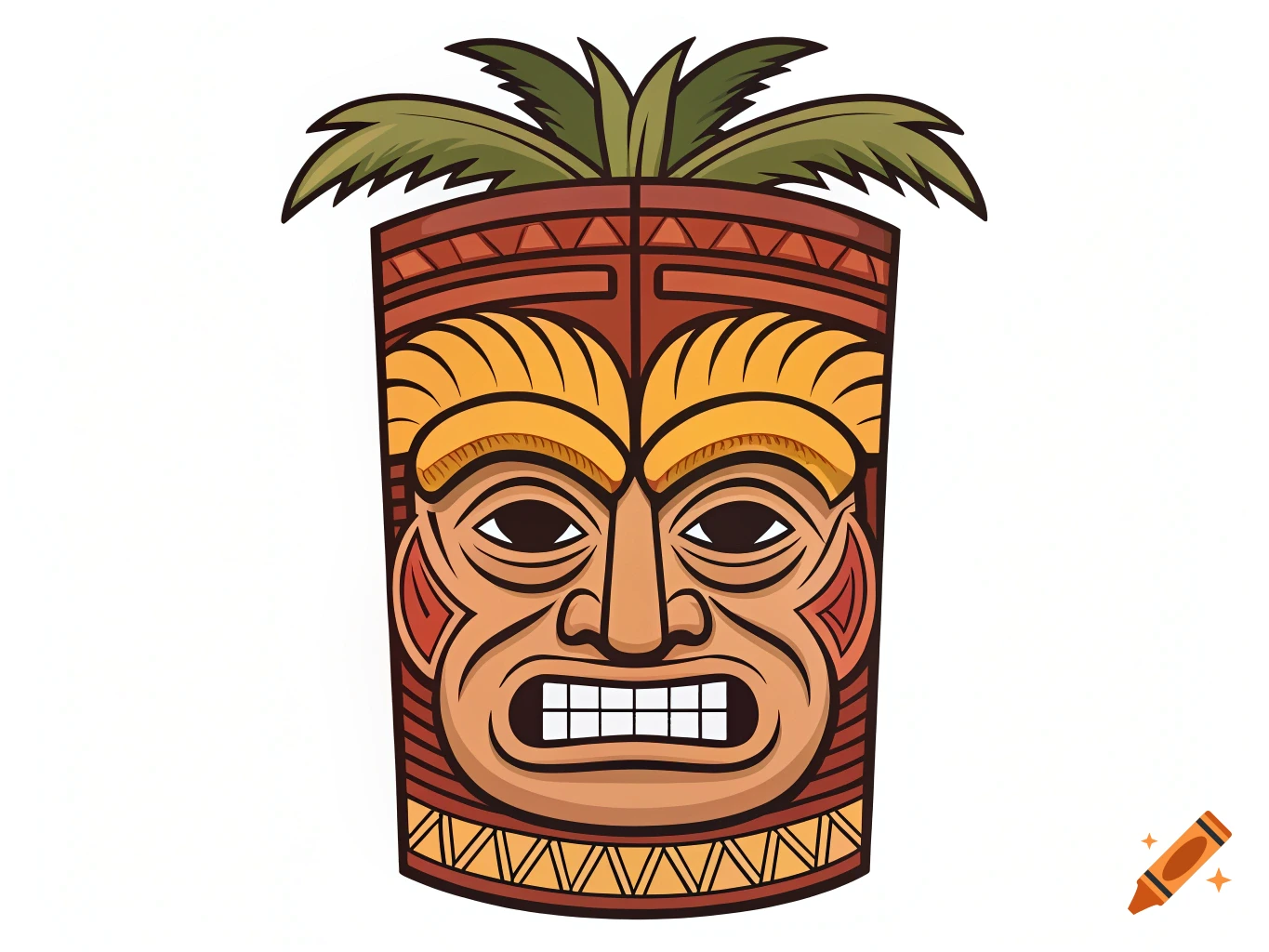 A vector graphic of a tiki mask with a face resembling Donald Trump, topped with palm leaves.