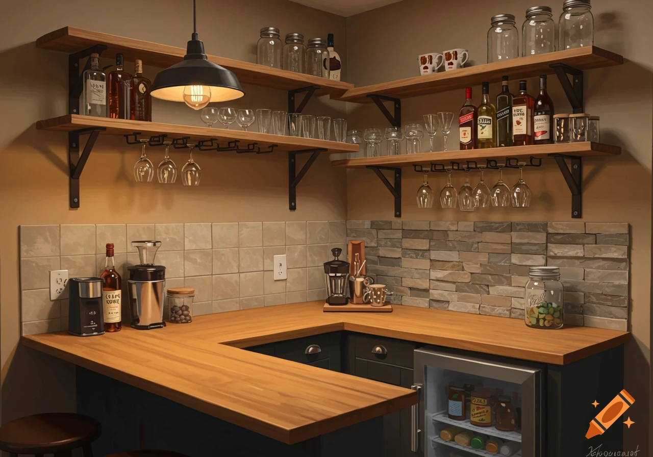 Rustic L-shaped bar with shelves of bottles and glasses, appliances, and mini-fridge.