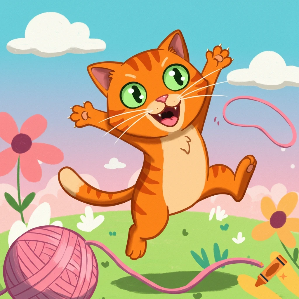A cheerful orange cartoon cat jumps in a field with a ball of yarn and flowers.