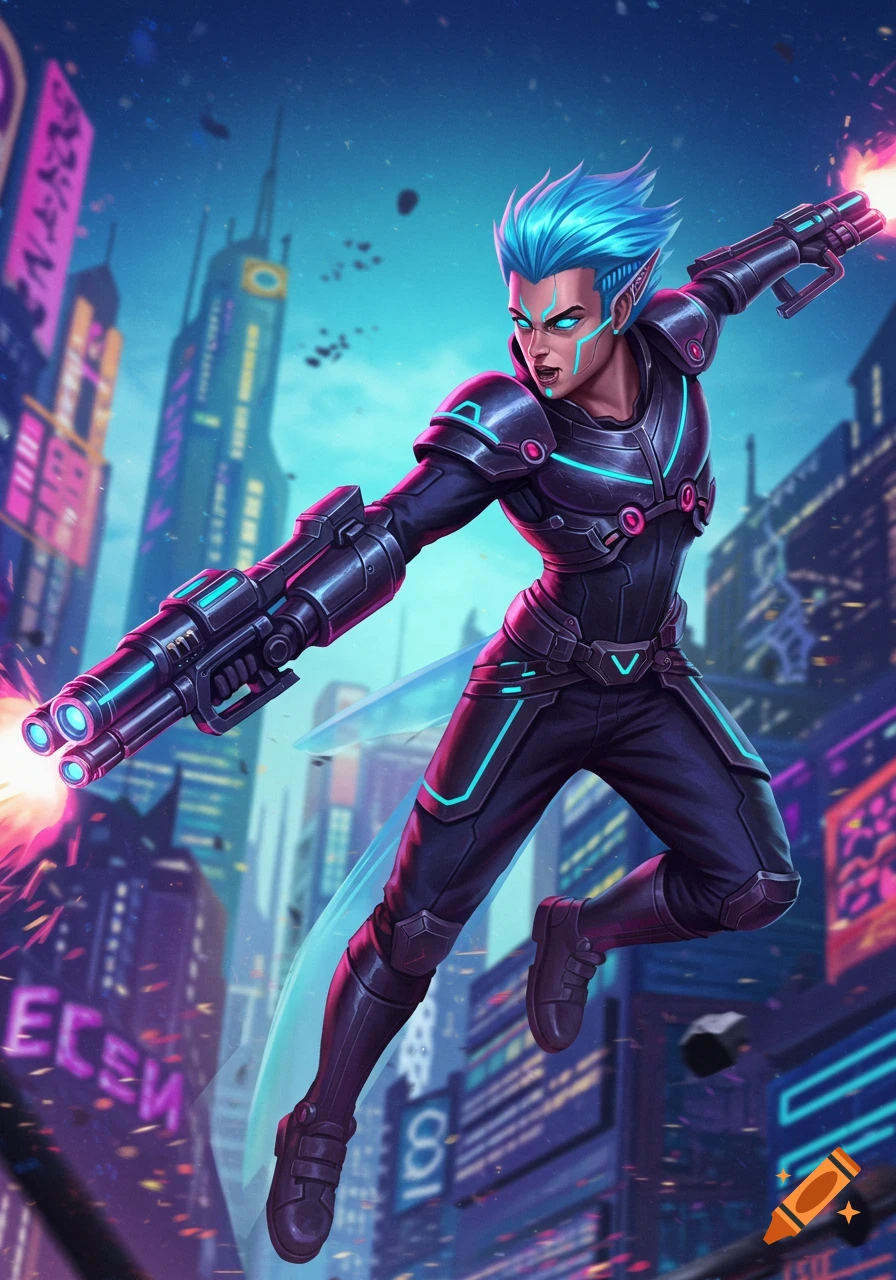 A futuristic character with blue hair and cybernetic armor flying and shooting dual blasters in a cyberpunk city.
