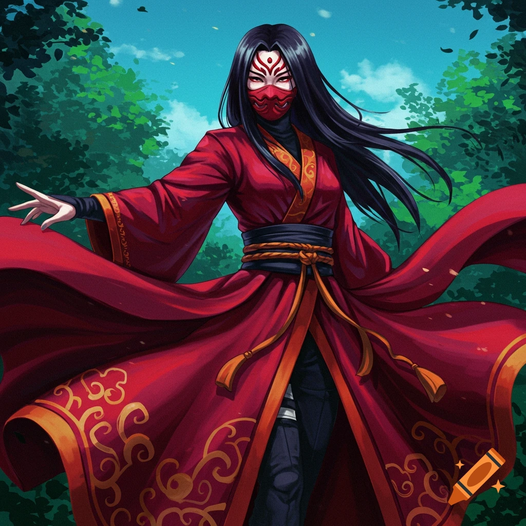 Illustration of a masked ninja in a red kimono in a forest.