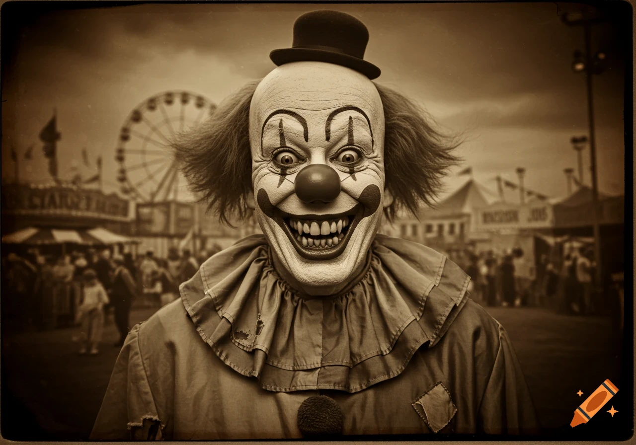 Creepy clown smiling at a carnival in a sepiatone photo