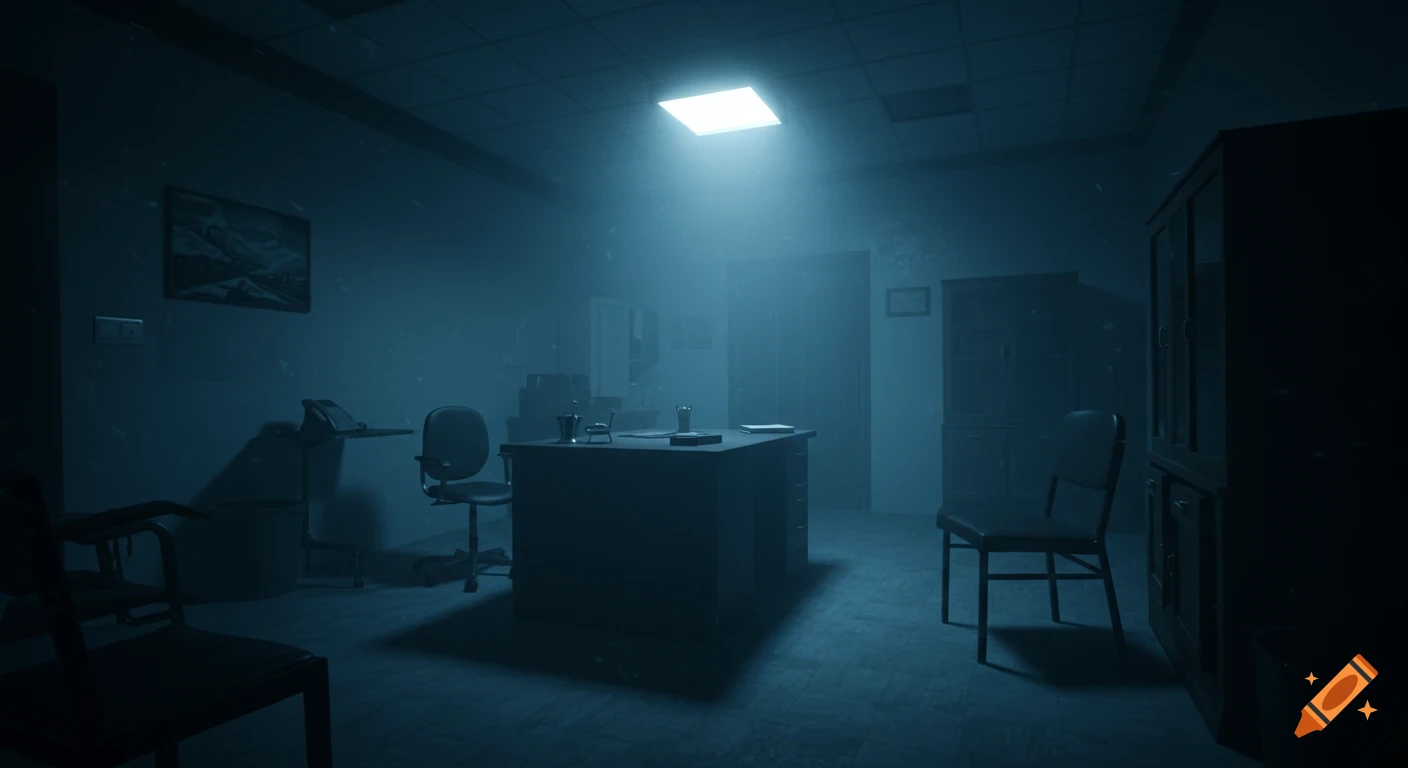 An empty, creepy office room at night, lit by a single overhead light, cinematic style.