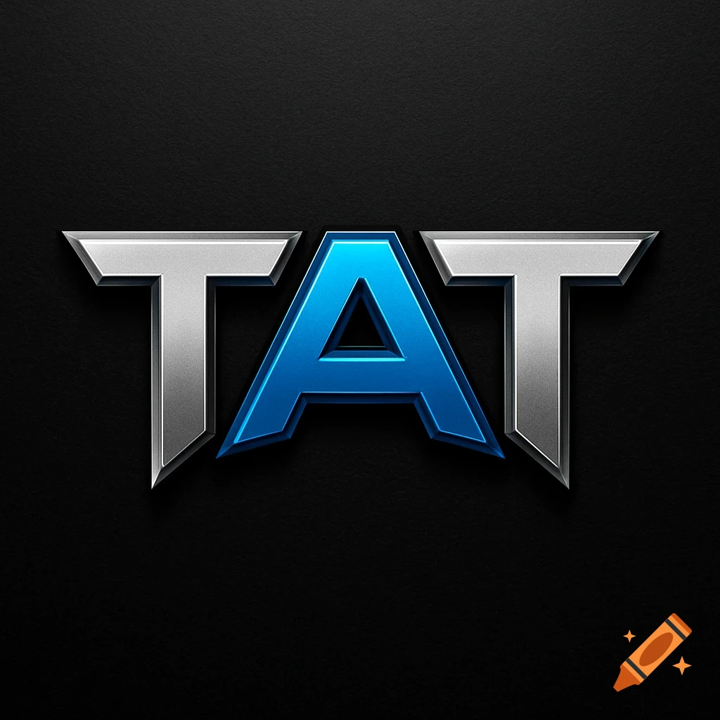Stylized TAT logo with silver T's and blue A on a black background.