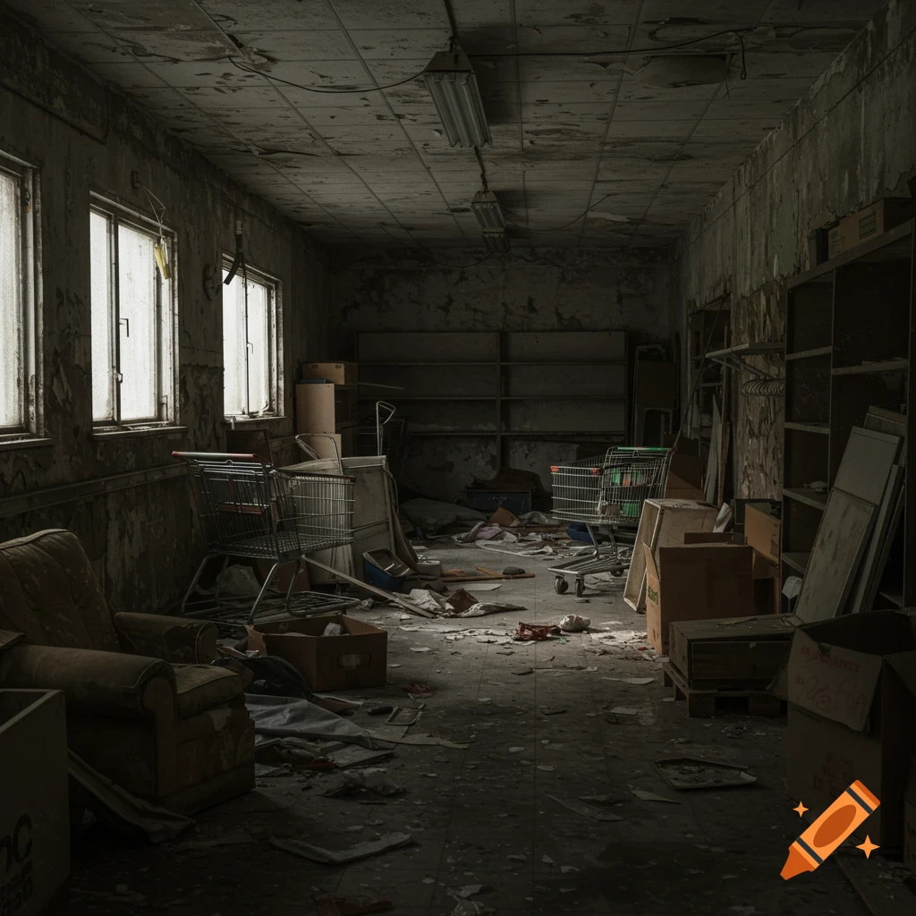 Photorealistic image of an abandoned, cluttered interior with shopping carts, boxes, and decaying walls.