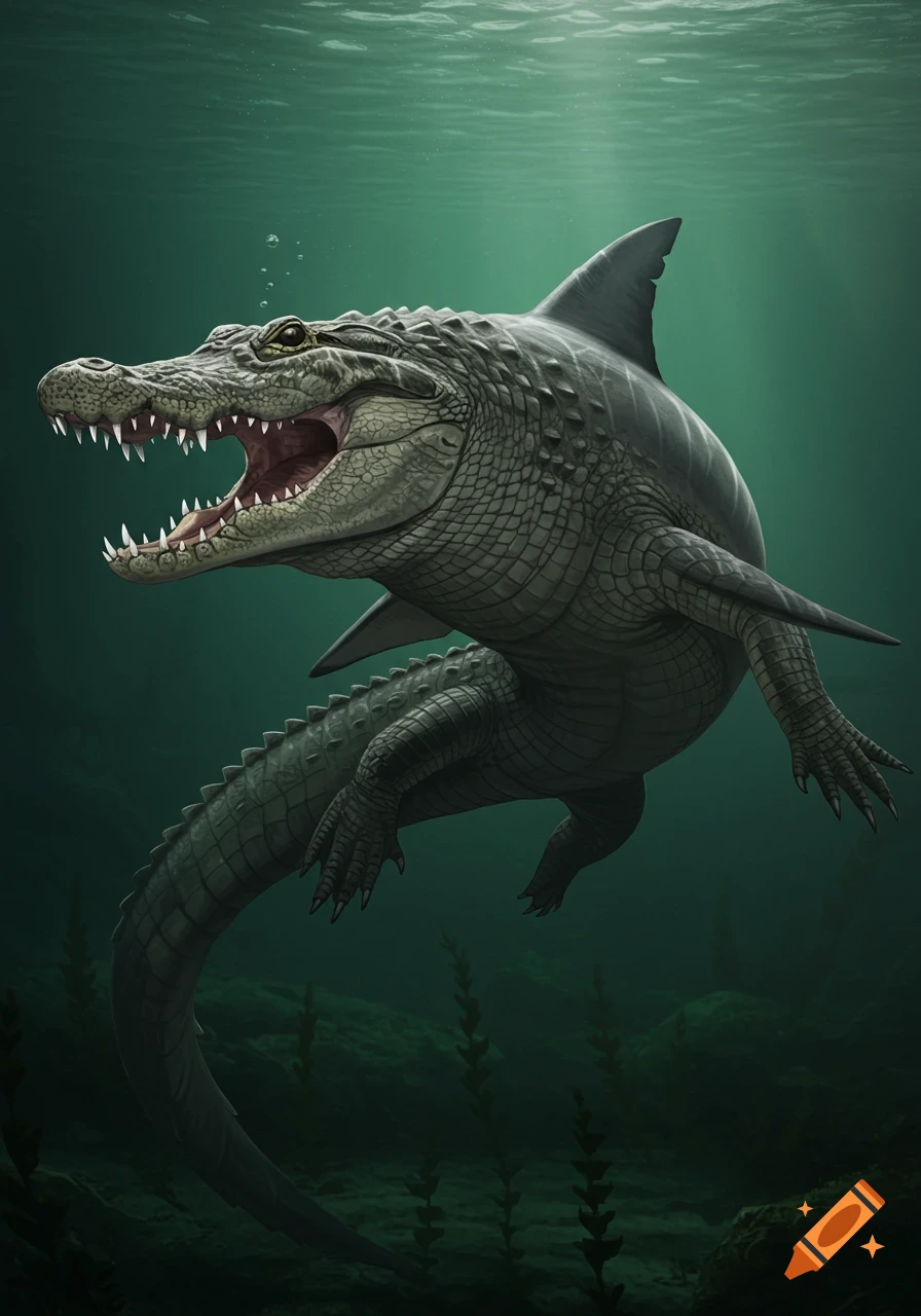 A hybrid shark and alligator creature swimming underwater with its mouth open.
