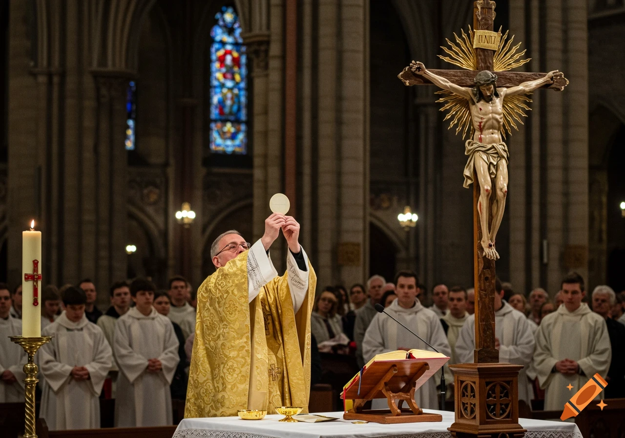 A Catholic priest raises the host during a Mass, standing before a crucifix.