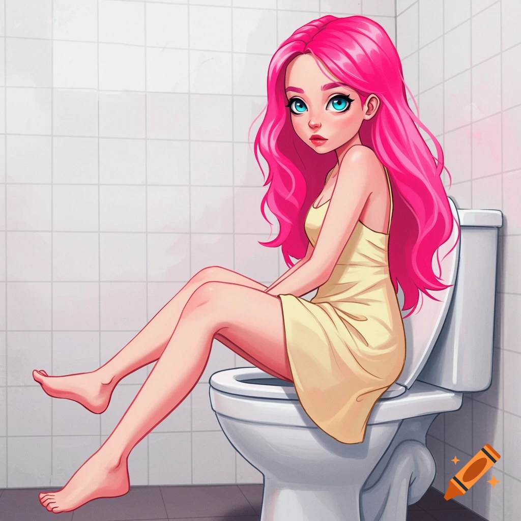Cartoon girl with pink hair and blue eyes sitting on a toilet in a tiled bathroom.