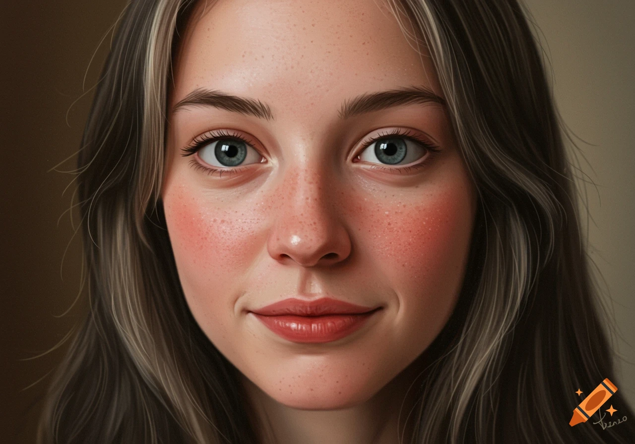A close-up of a young woman with freckles and blue eyes, smiling softly.