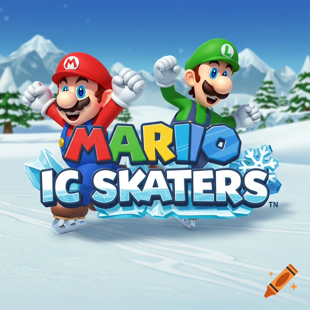 Mario and Luigi ice skate in a snowy mountain landscape with a game logo 'MARIO IC SKATERS'.