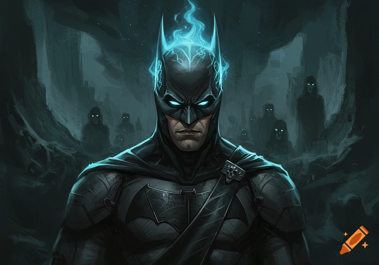 Batman with glowing blue eyes and cowl flames, standing in a dark, misty setting with silhouetted figures.