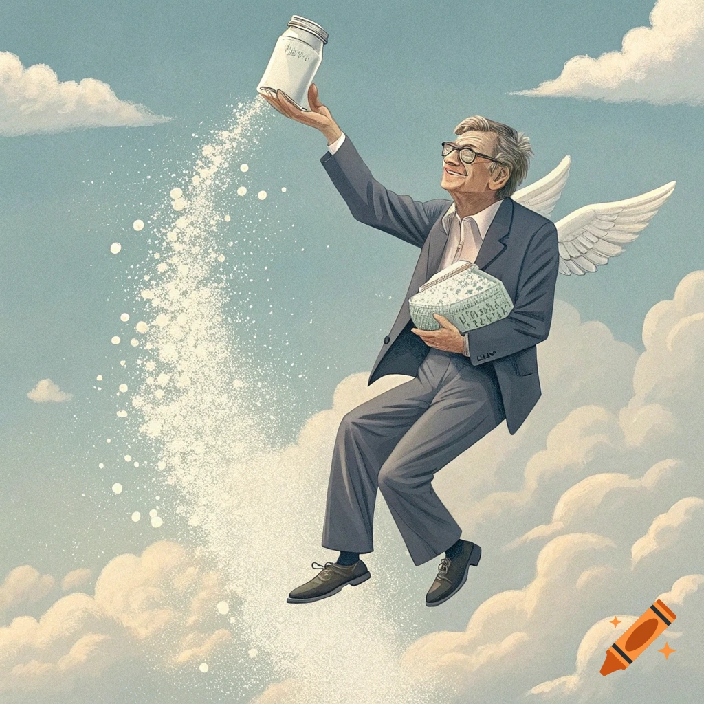 Illustration of a man with wings flying in the sky, sprinkling dust from a jar.