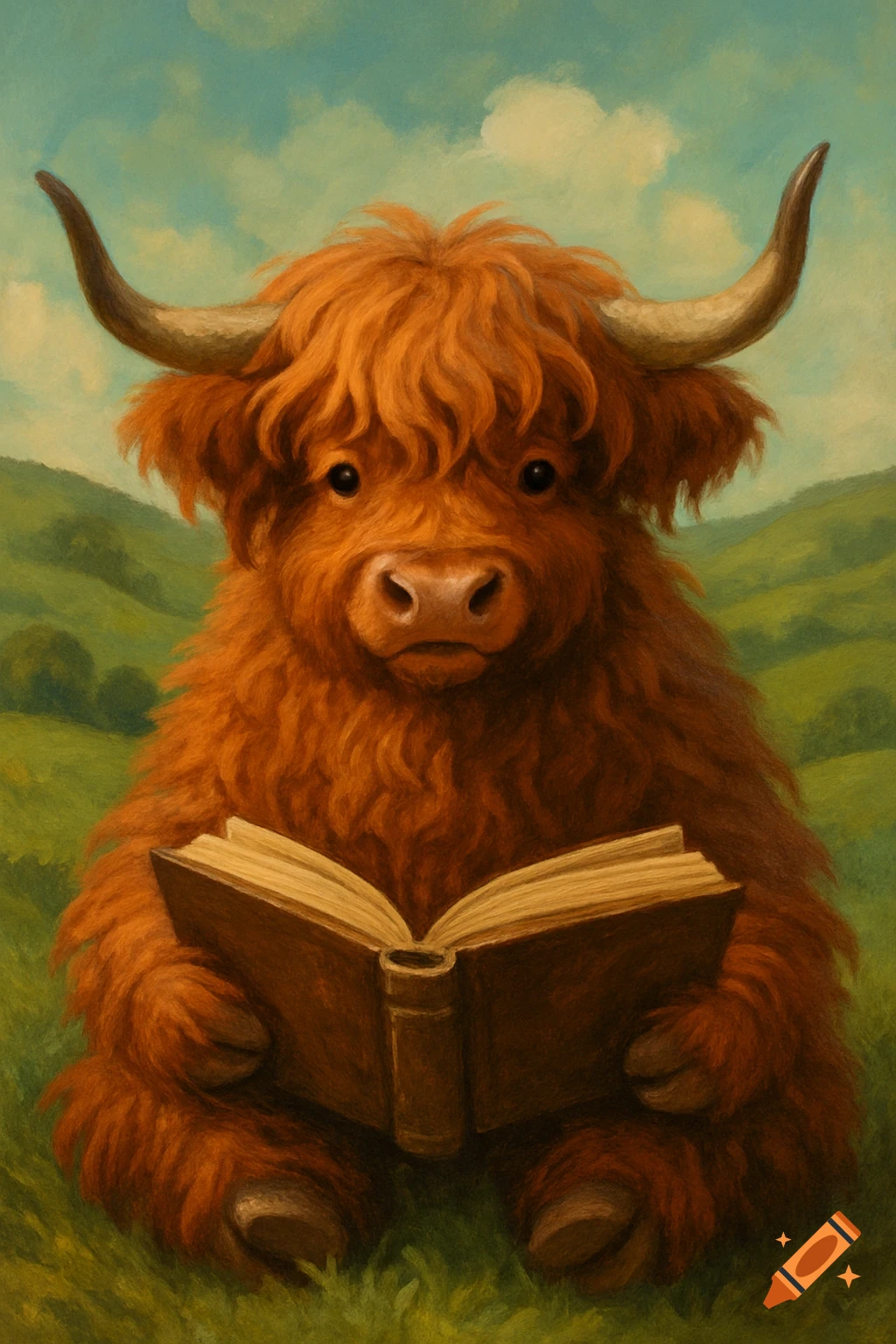 A fluffy brown Highland cow sitting and reading a book in a field.