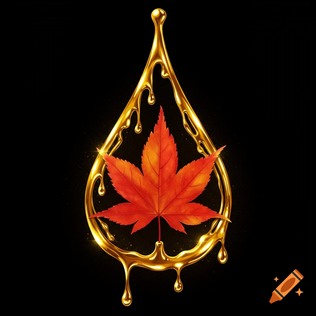 A vibrant red maple leaf encased in a dripping golden liquid teardrop on a black background.