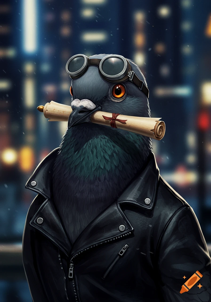 A pigeon wearing goggles and a leather jacket, holding a scroll in its beak, in a city at night.