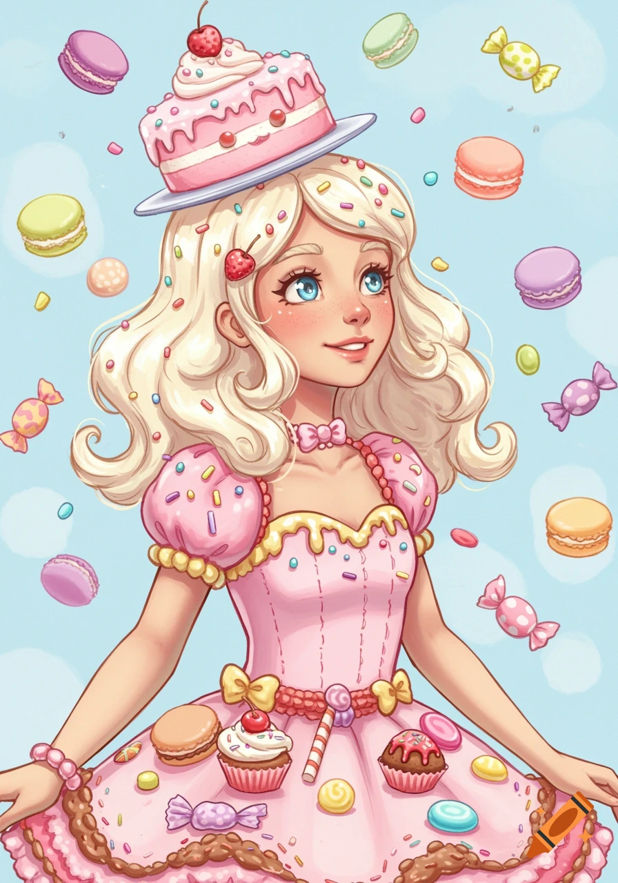 A whimsical illustration of a girl with a cake hat and candy dress, surrounded by floating macarons and candies.