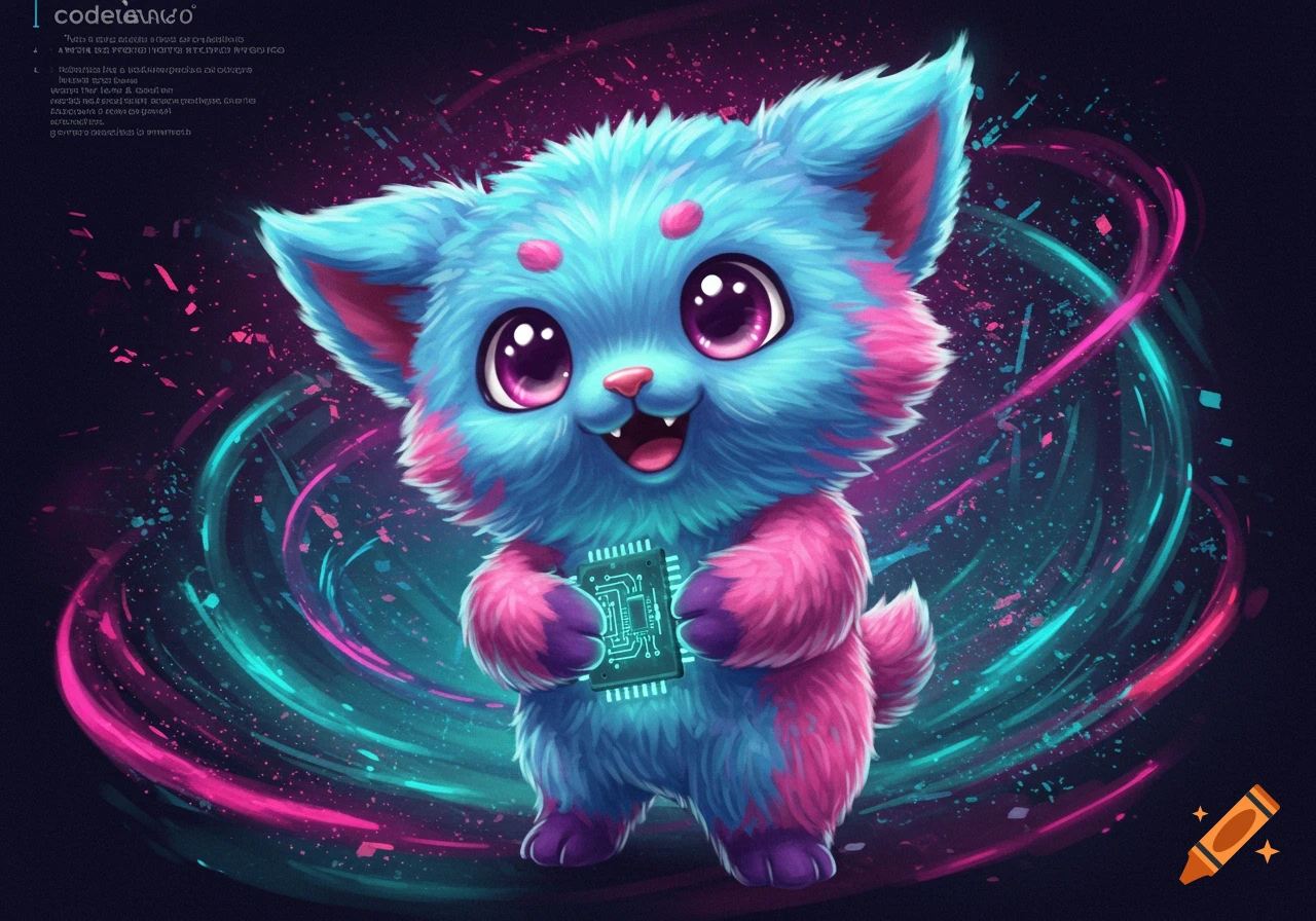 A cute blue and pink fluffy creature holds a circuit board with a vibrant digital background.
