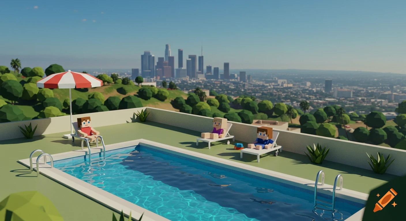 Low-poly image of blocky figures relaxing by a pool overlooking a city.