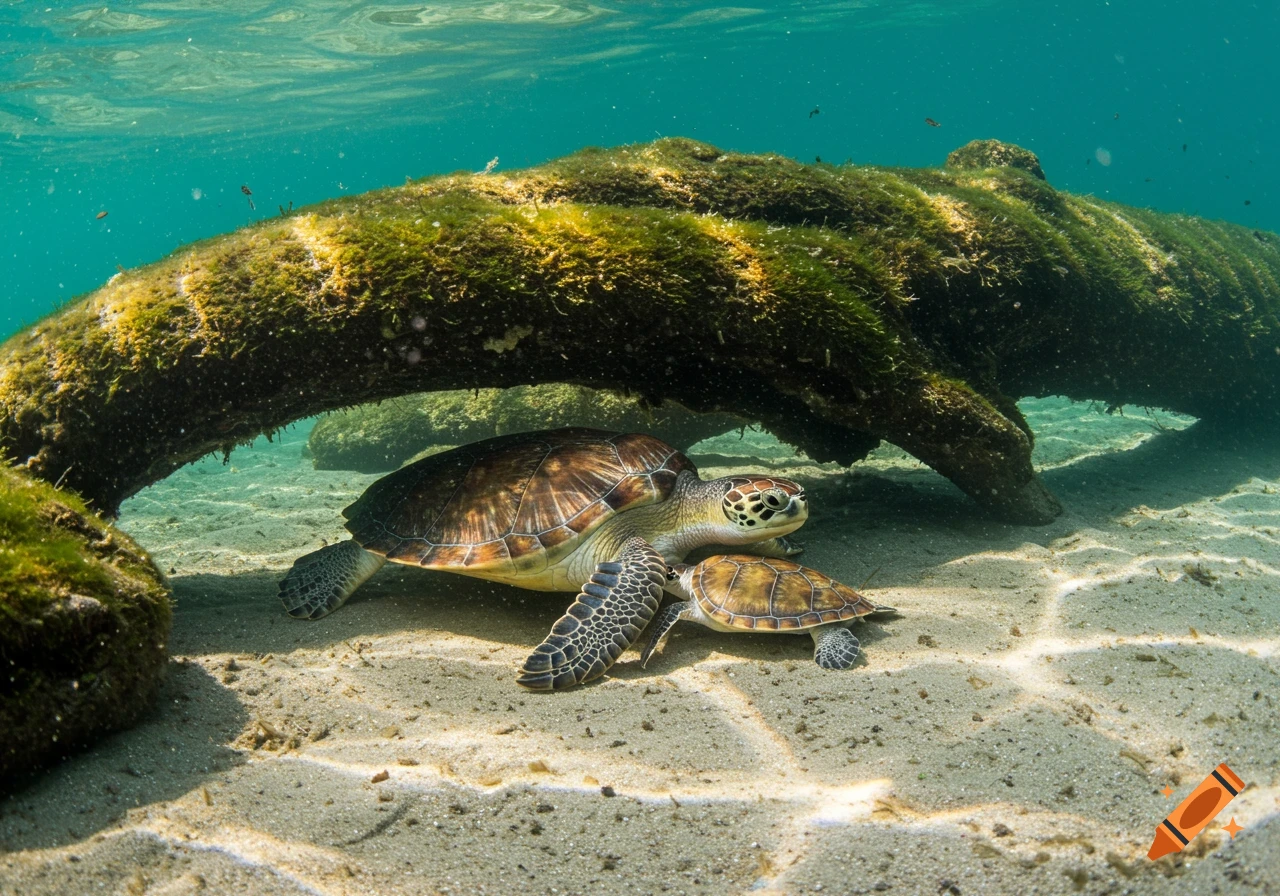 Two sea turtles shelter under a mossy log underwater, sunlight dappling the sand.