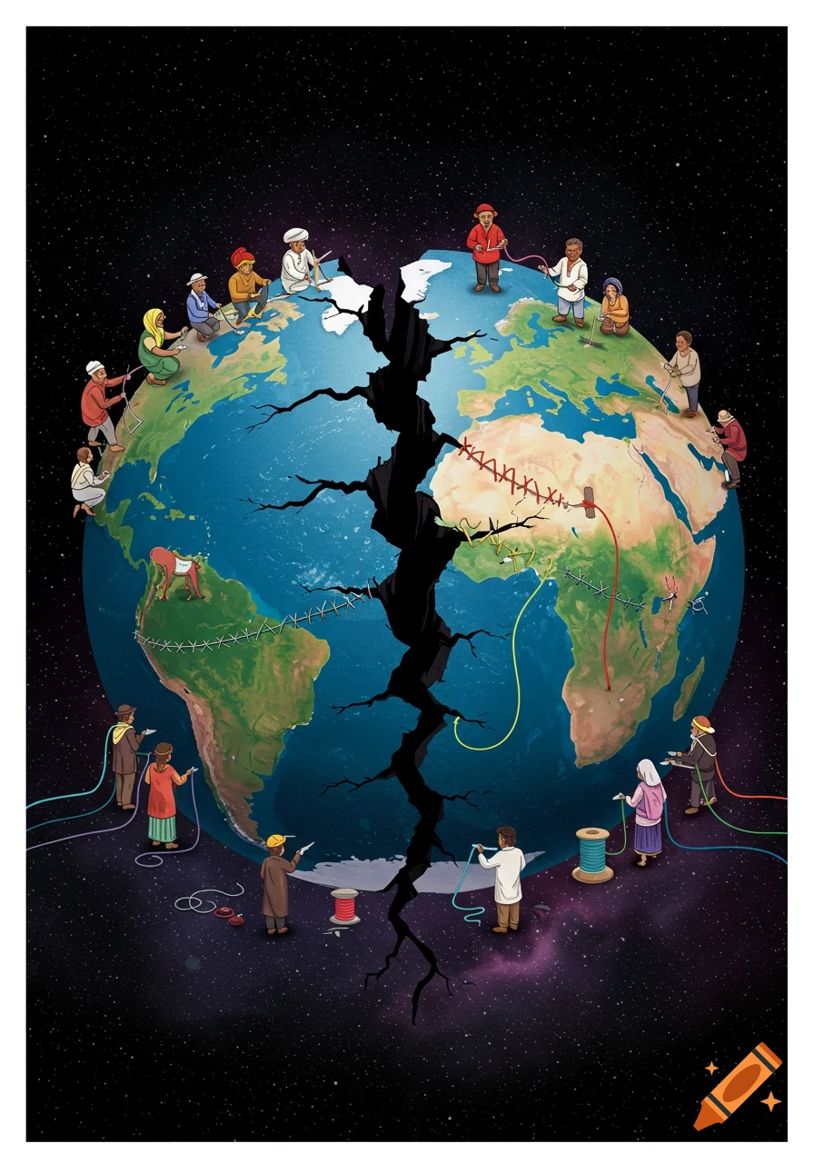 Illustration of diverse people stitching a cracked Earth together with colorful threads in space.
