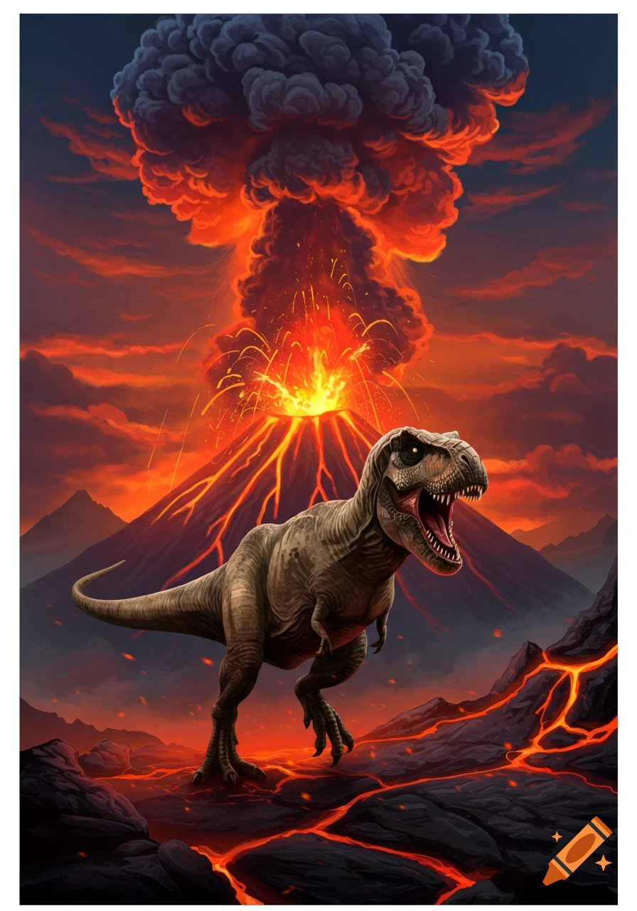 A T-Rex stands before an erupting volcano with lava flowing.