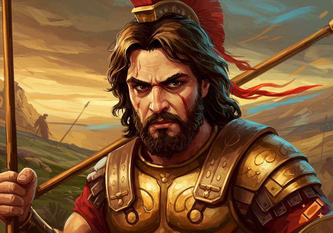 A stern warrior in golden armor holds a spear in a stylized image.