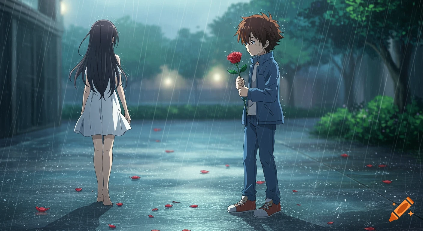 Anime illustration of a boy offering a red rose to a girl in the rain.