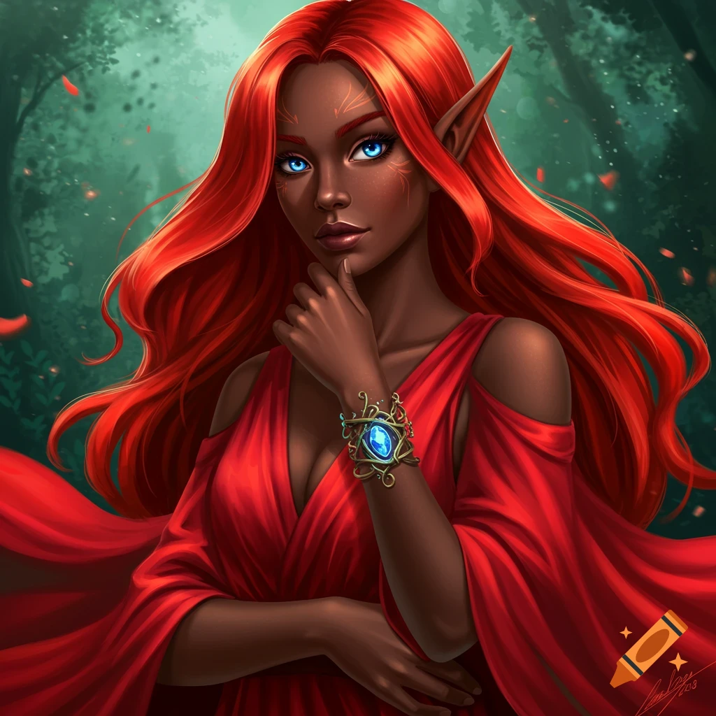 A dark-skinned elf with long red hair, blue eyes, a red dress, and a decorative bracelet.