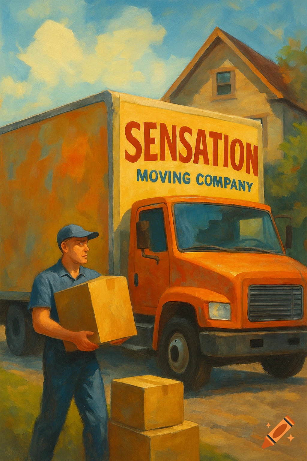 A person carries a box near an orange Sensation Moving Company moving truck.
