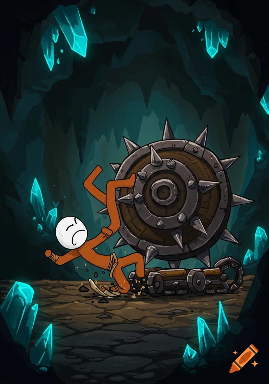 Cartoon stickman figure hit by a large spiked mine in a dark cave with glowing crystals