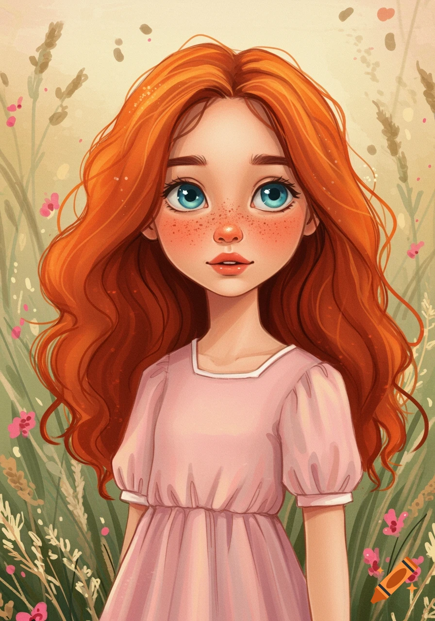 A young girl with red hair, blue eyes, and freckles in a pink dress standing in a meadow.
