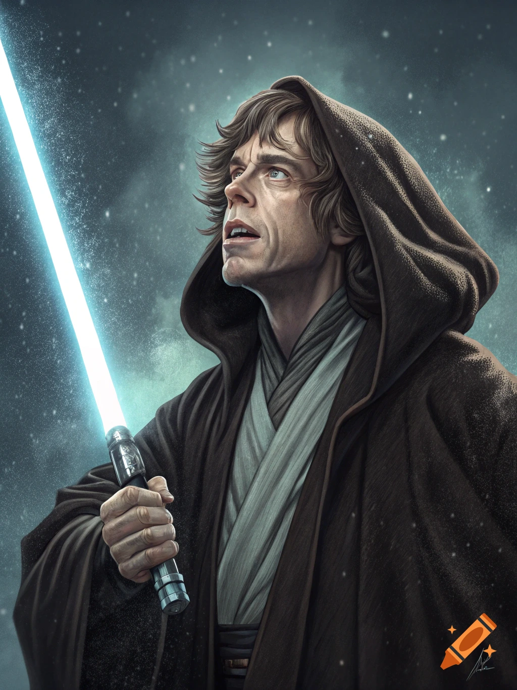 A hooded figure resembling Mick Jagger holds a blue lightsaber, looking up against a starry background.